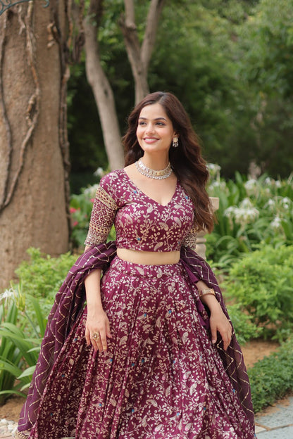 Wine Color Pure Dyable Viscose Jacquard With Golden Embroidered Sequins Work Lehenga