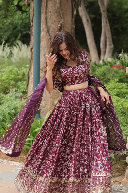 Wine Color Pure Dyable Viscose Jacquard With Golden Embroidered Sequins Work Lehenga