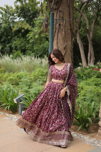 Wine Color Pure Dyable Viscose Jacquard With Golden Embroidered Sequins Work Lehenga