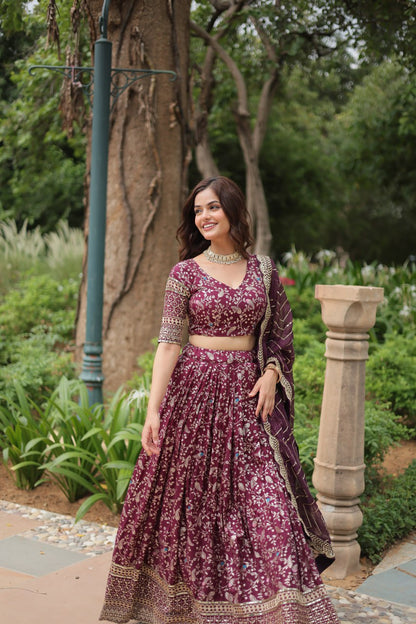 Wine Color Pure Dyable Viscose Jacquard With Golden Embroidered Sequins Work Lehenga