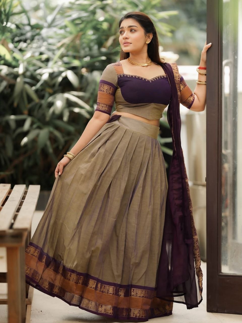 Beige Kanci Cotton Half Saree with Deep Purple Dupatta and Gold Zari Weaving Work by The Beauty Queen Surat