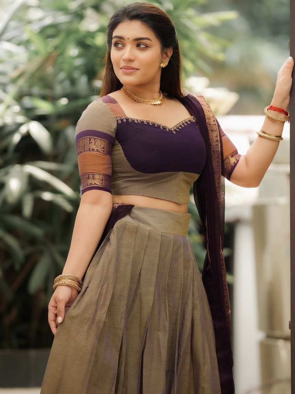 Beige & Deep Purple Kanci Cotton Half Saree – Traditional Zari Weaving Langa Voni Set