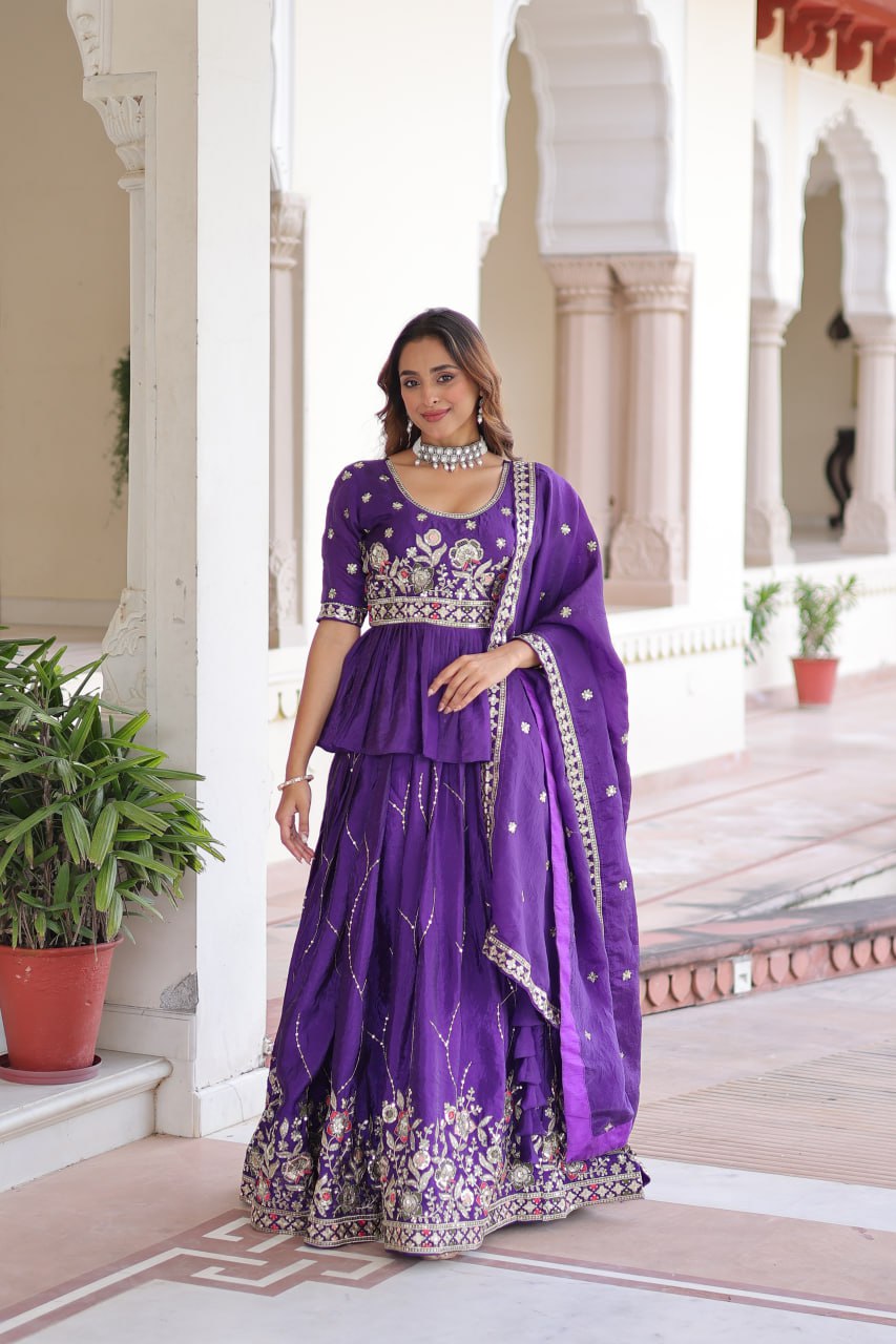 Purple Gold Crush With Multi Thread Embroidery Zari Sequins Work Lehenga Choli