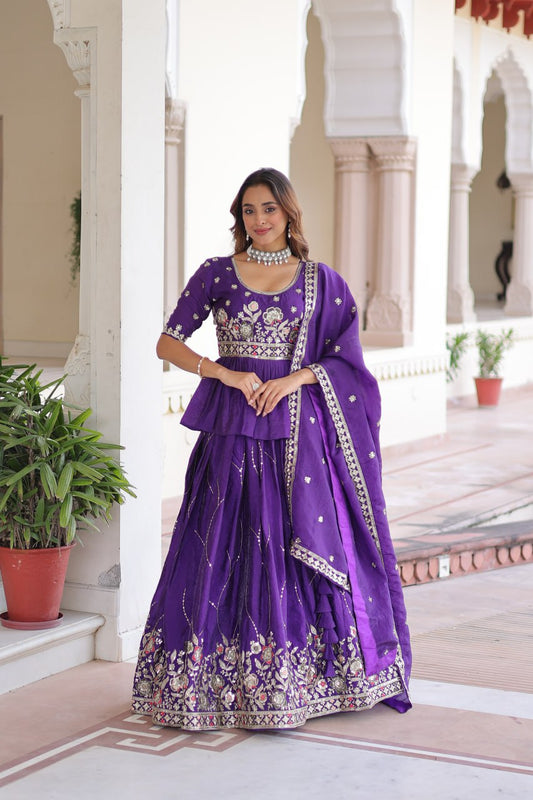 Purple Gold Crush With Multi Thread Embroidery Zari Sequins Work Lehenga Choli