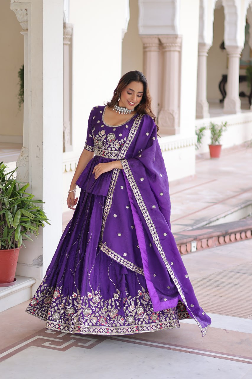 Purple Gold Crush With Multi Thread Embroidery Zari Sequins Work Lehenga Choli
