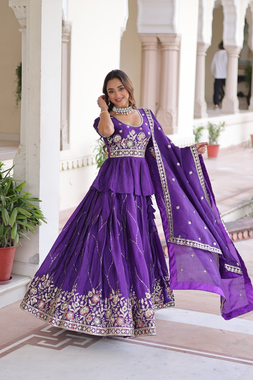 Purple Gold Crush With Multi Thread Embroidery Zari Sequins Work Lehenga Choli