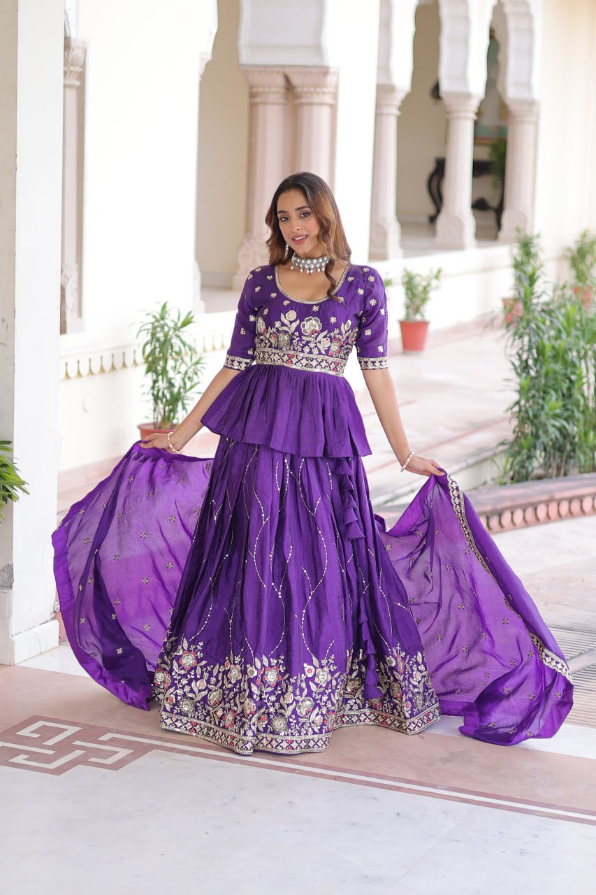 Purple Gold Crush With Multi Thread Embroidery Zari Sequins Work Lehenga Choli