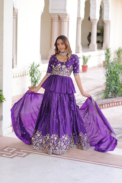 Purple Gold Crush With Multi Thread Embroidery Zari Sequins Work Lehenga Choli