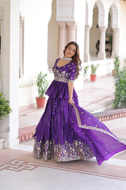 Purple Gold Crush With Multi Thread Embroidery Zari Sequins Work Lehenga Choli