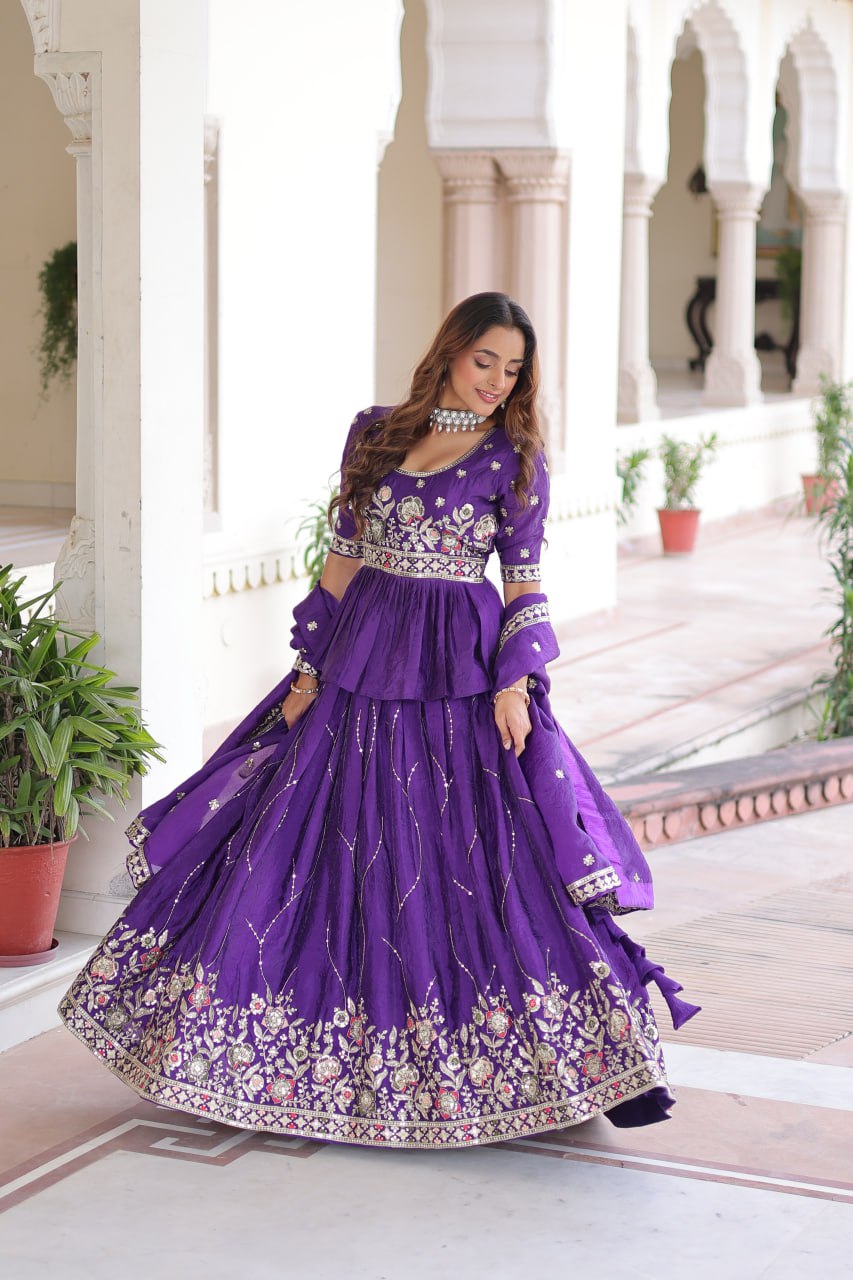 Purple Gold Crush With Multi Thread Embroidery Zari Sequins Work Lehenga Choli