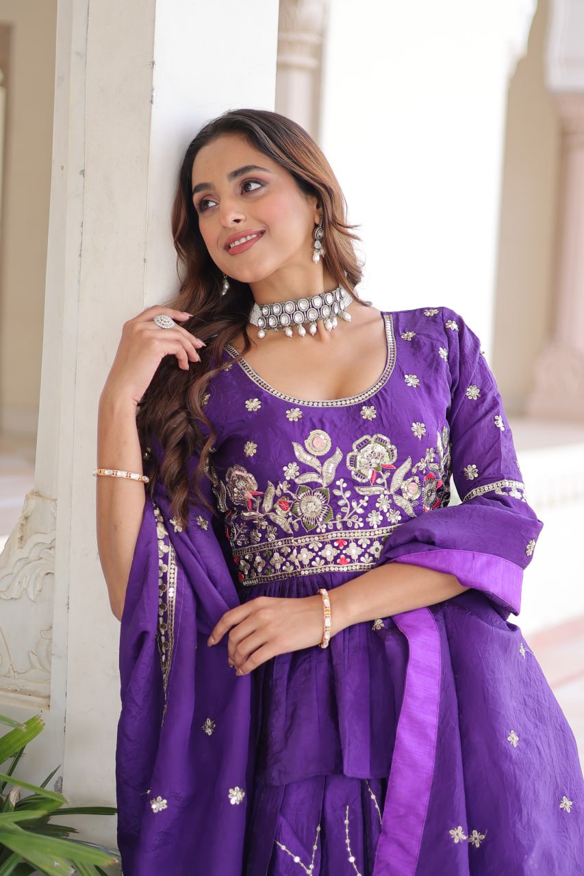 Purple Gold Crush With Multi Thread Embroidery Zari Sequins Work Lehenga Choli