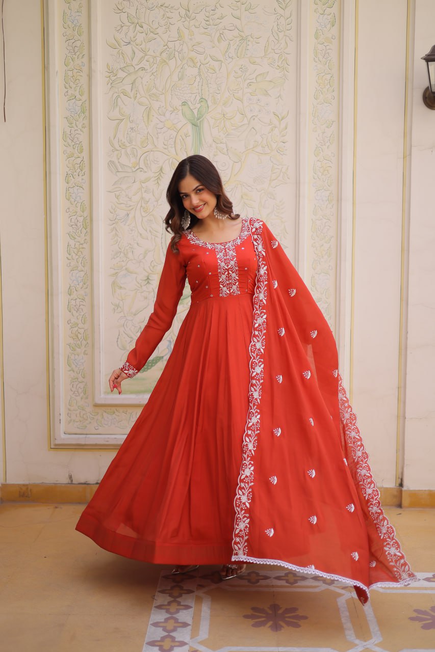 Red Orange Mal Chanderi Beads Embroidery Work Gown – Designer Festive Party Wear Gown