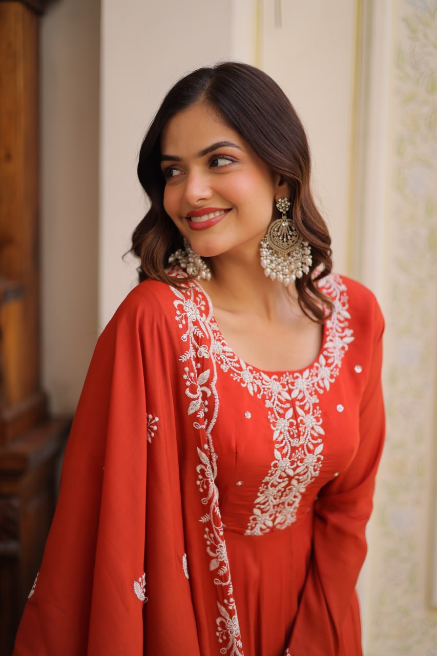 Red Orange Mal Chanderi Beads Embroidery Work Gown – Designer Festive Party Wear Gown