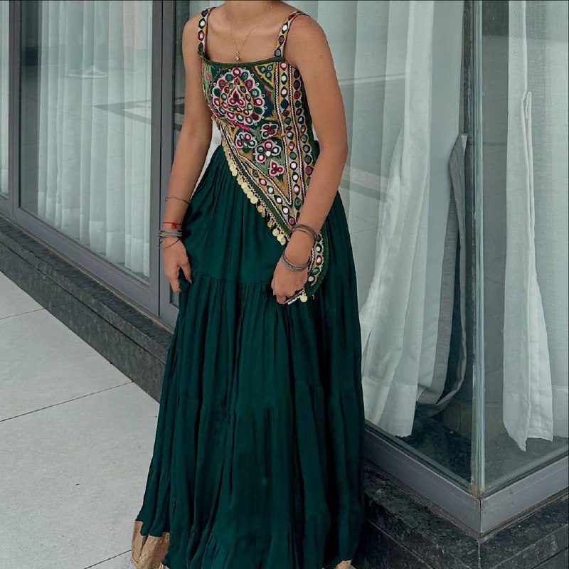 Green  Rayon Real Mirror Work Navratri Lehenga Choli