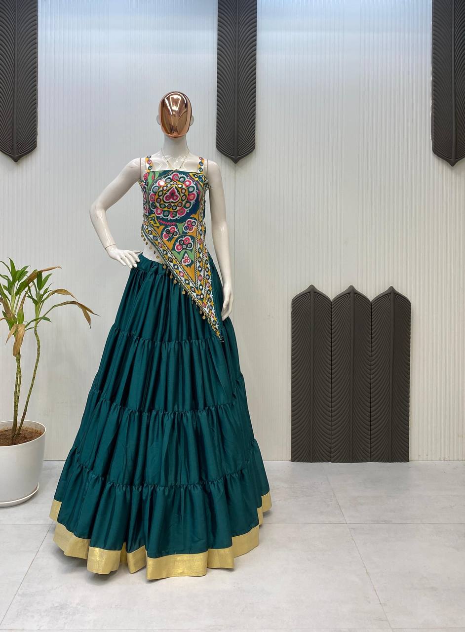 Green  Rayon Real Mirror Work Navratri Lehenga Choli
