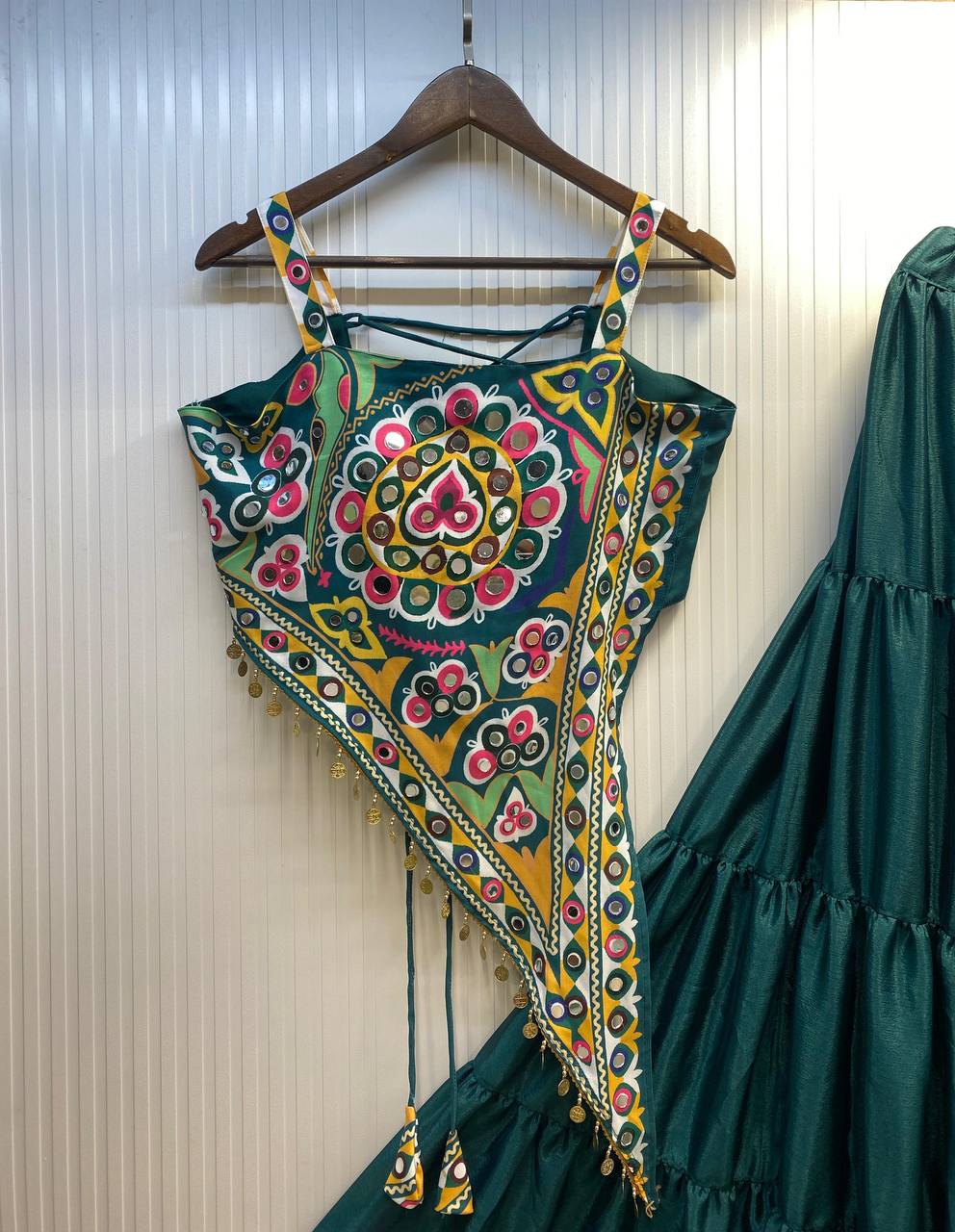 Green  Rayon Real Mirror Work Navratri Lehenga Choli