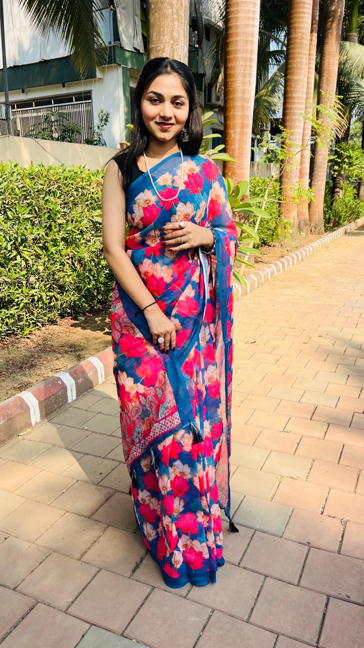 Blue Premium Lilan Cotton Digital Floral Print Eye Catching Saree