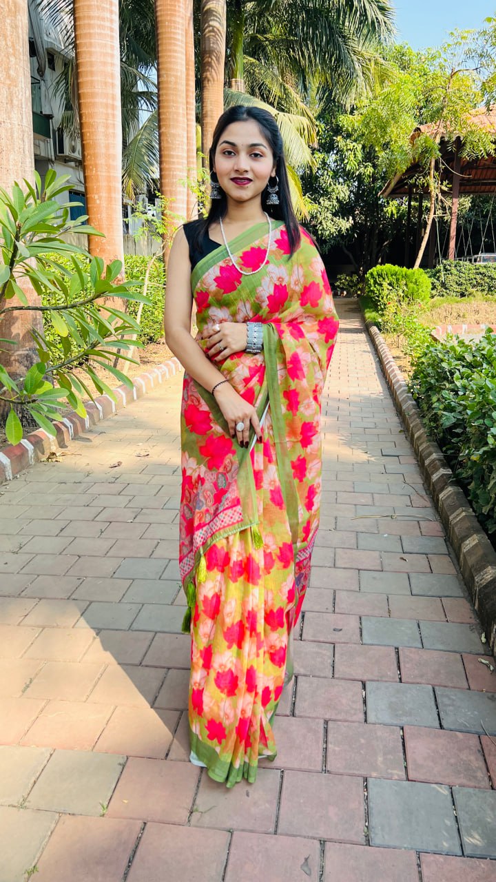 Yellow Premium Lilan Cotton Digital Floral Print Eye Catching Saree