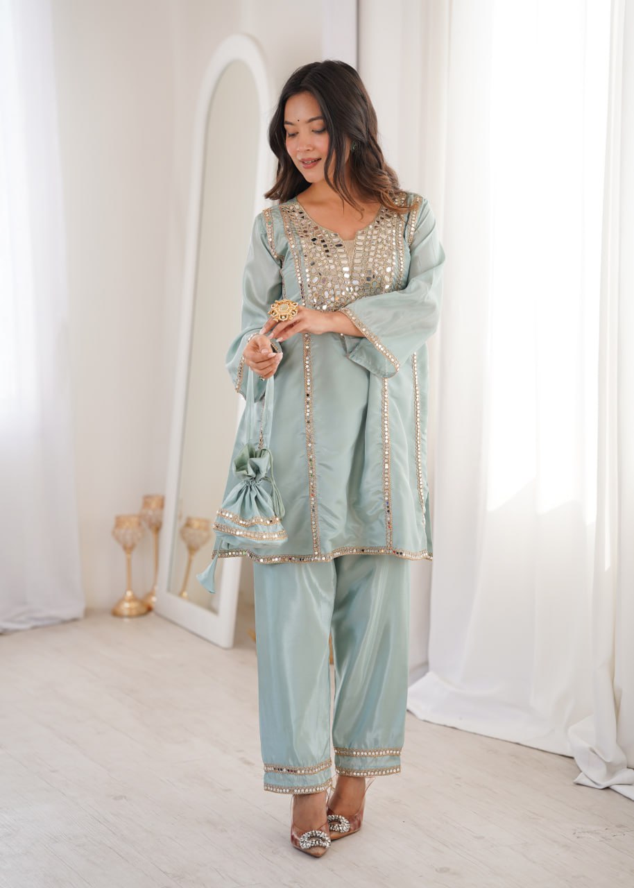 Sky Blue H.O Fabric Real Mirror Embroidered Salwar Suit – Designer Festive Party Wear Suit