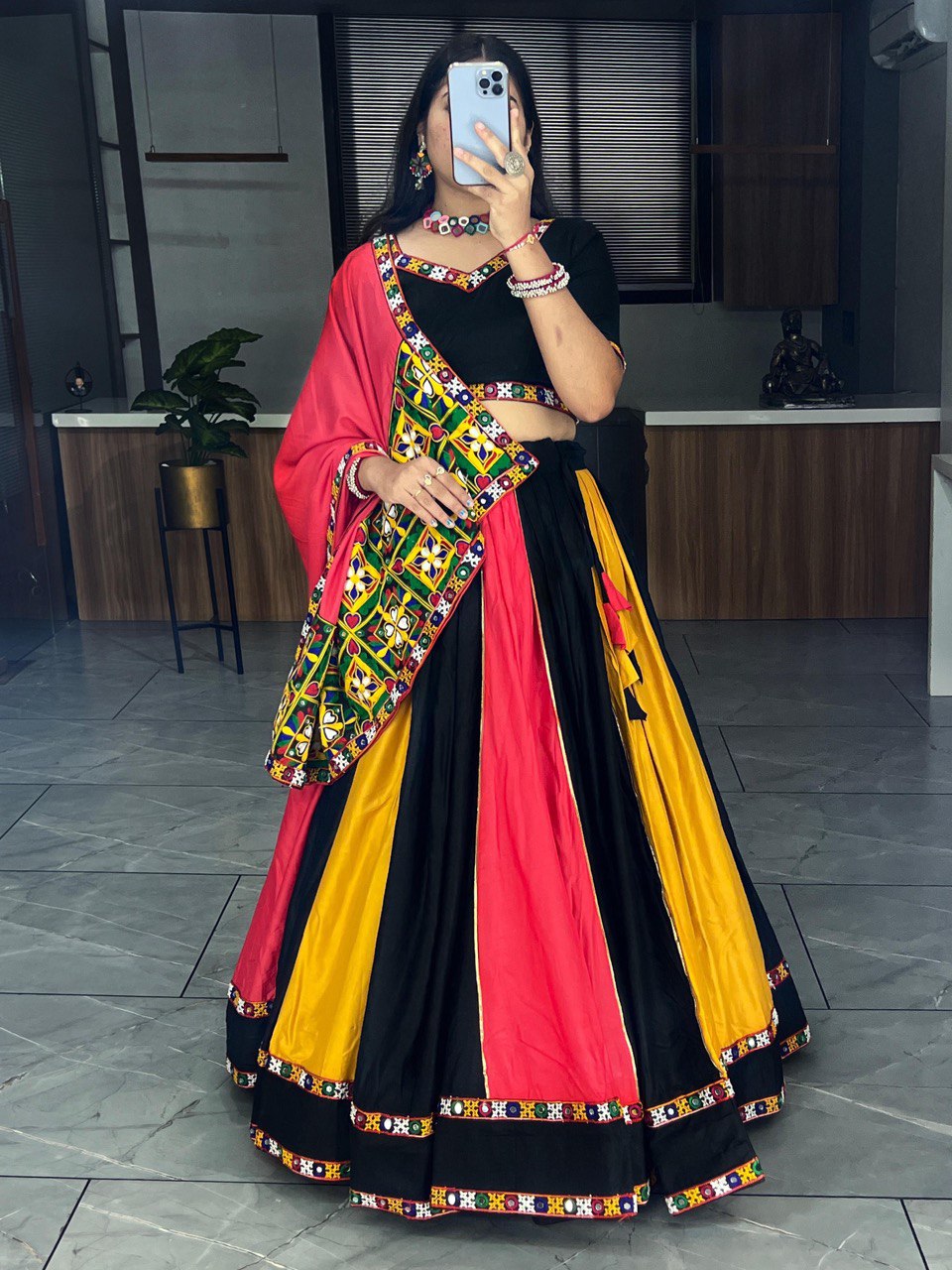 Multicolor Pure Rayon Cotton Traditional Work Navratri Lehenga Choli