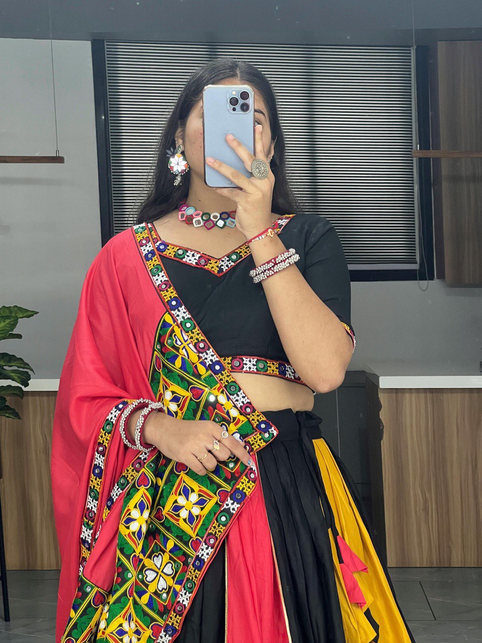 Multicolor Pure Rayon Cotton Traditional Work Navratri Lehenga Choli