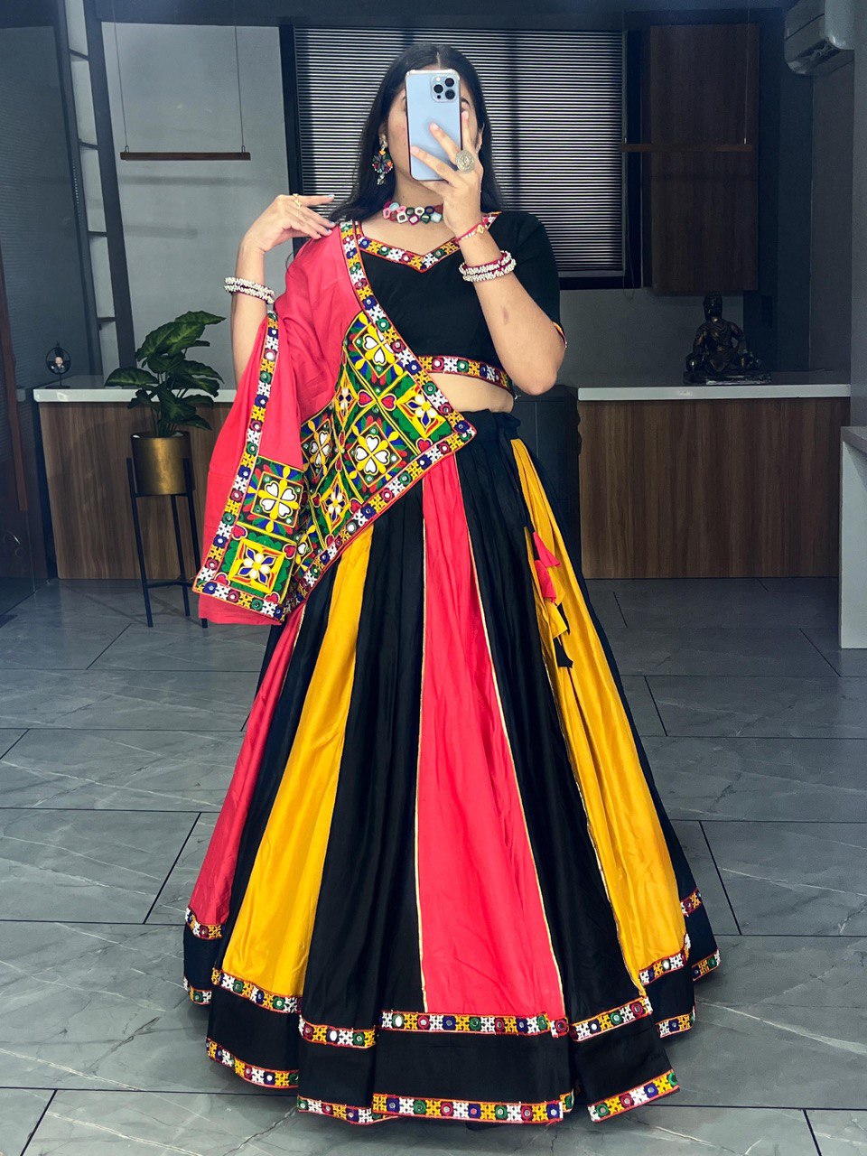 Multicolor Pure Rayon Cotton Traditional Work Navratri Lehenga Choli