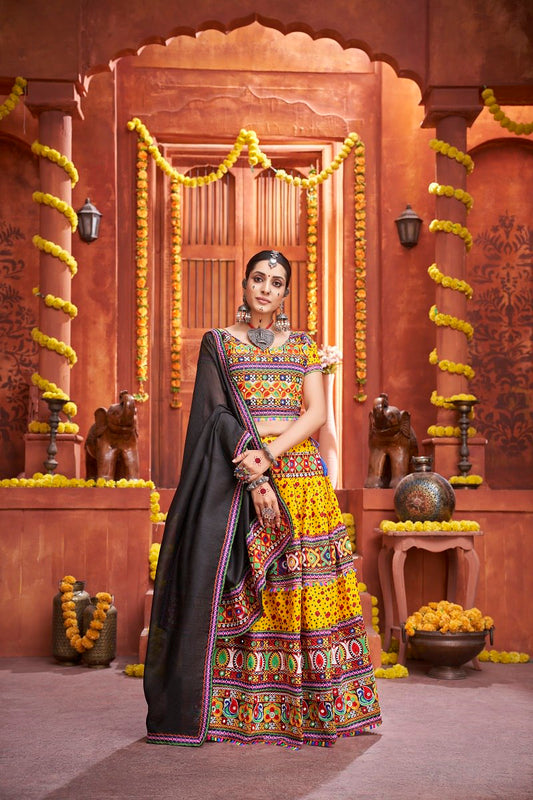 Yellow Rajwadi Mix Cotton Silk Print With Gamti Real Mirror Navratri Lehenga Choli
