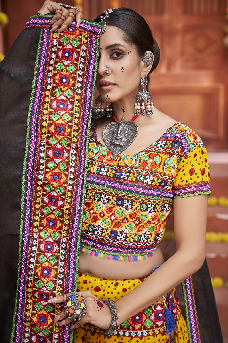 Yellow Rajwadi Mix Cotton Silk Print With Gamti Real Mirror Navratri Lehenga Choli