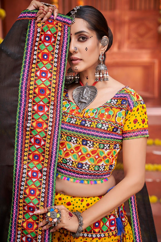 Yellow Rajwadi Mix Cotton Silk Print With Gamti Real Mirror Navratri Lehenga Choli