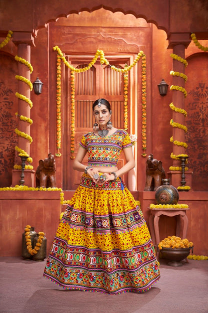 Yellow Rajwadi Mix Cotton Silk Print With Gamti Real Mirror Navratri Lehenga Choli