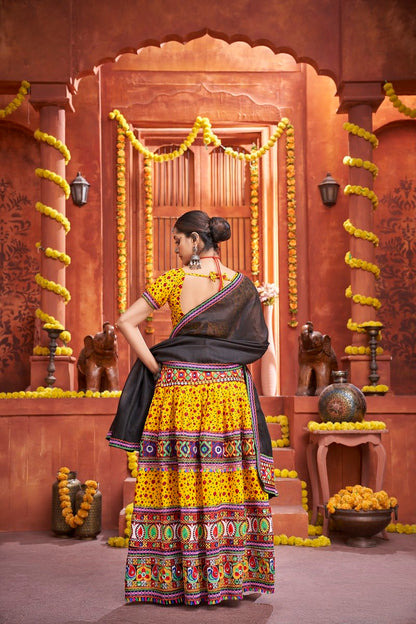 Yellow Rajwadi Mix Cotton Silk Print With Gamti Real Mirror Navratri Lehenga Choli