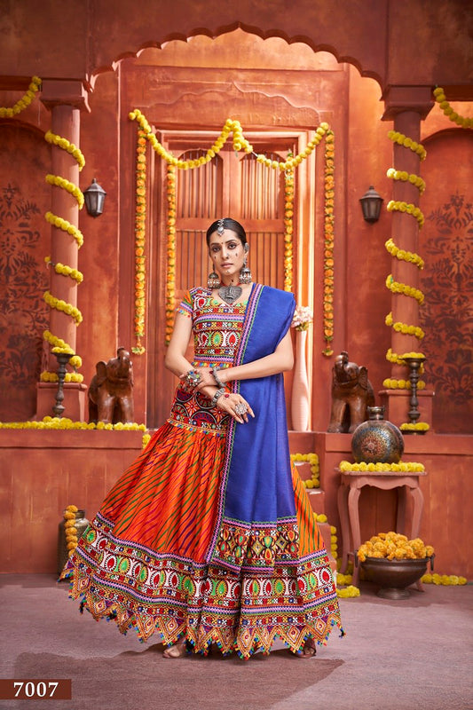 Orange Rajwadi Mix Cotton Silk Bandhni Print With Gamti Real Mirror Navratri Lehenga Choli