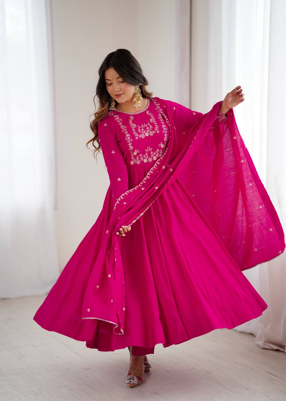 Dark Pink Chanderi Silk Fabric Fancy Handwork Beads Full Flare Anarkali Suit