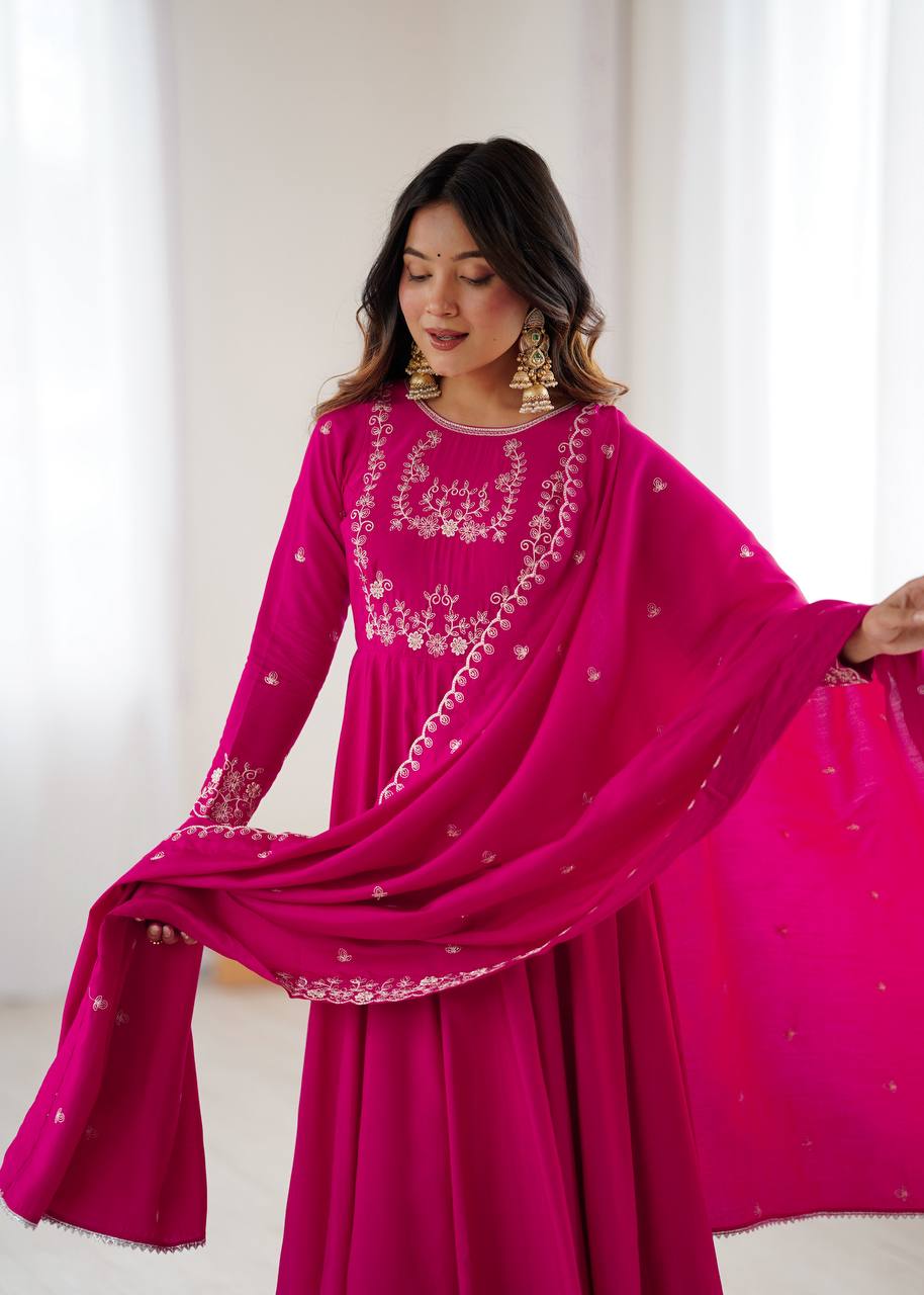 Dark Pink Chanderi Silk Fabric Fancy Handwork Beads Full Flare Anarkali Suit