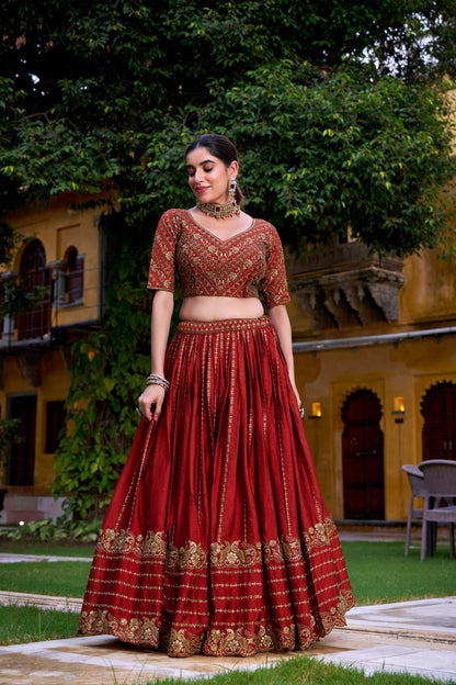 Rust Orange Sequins And Thread Embroidery Work Lehenga Choli