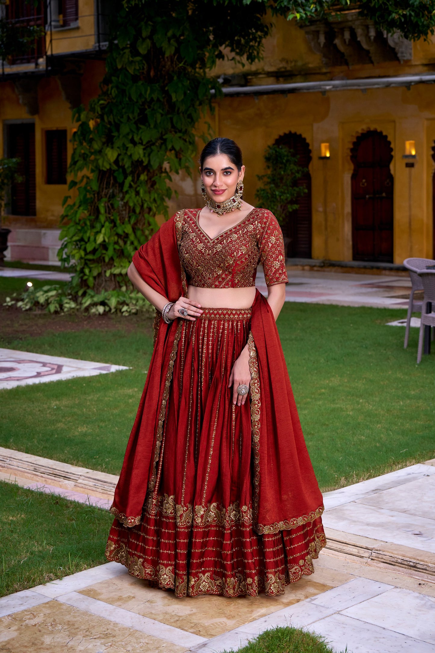 Rust Orange Sequins And Thread Embroidery Work Lehenga Choli