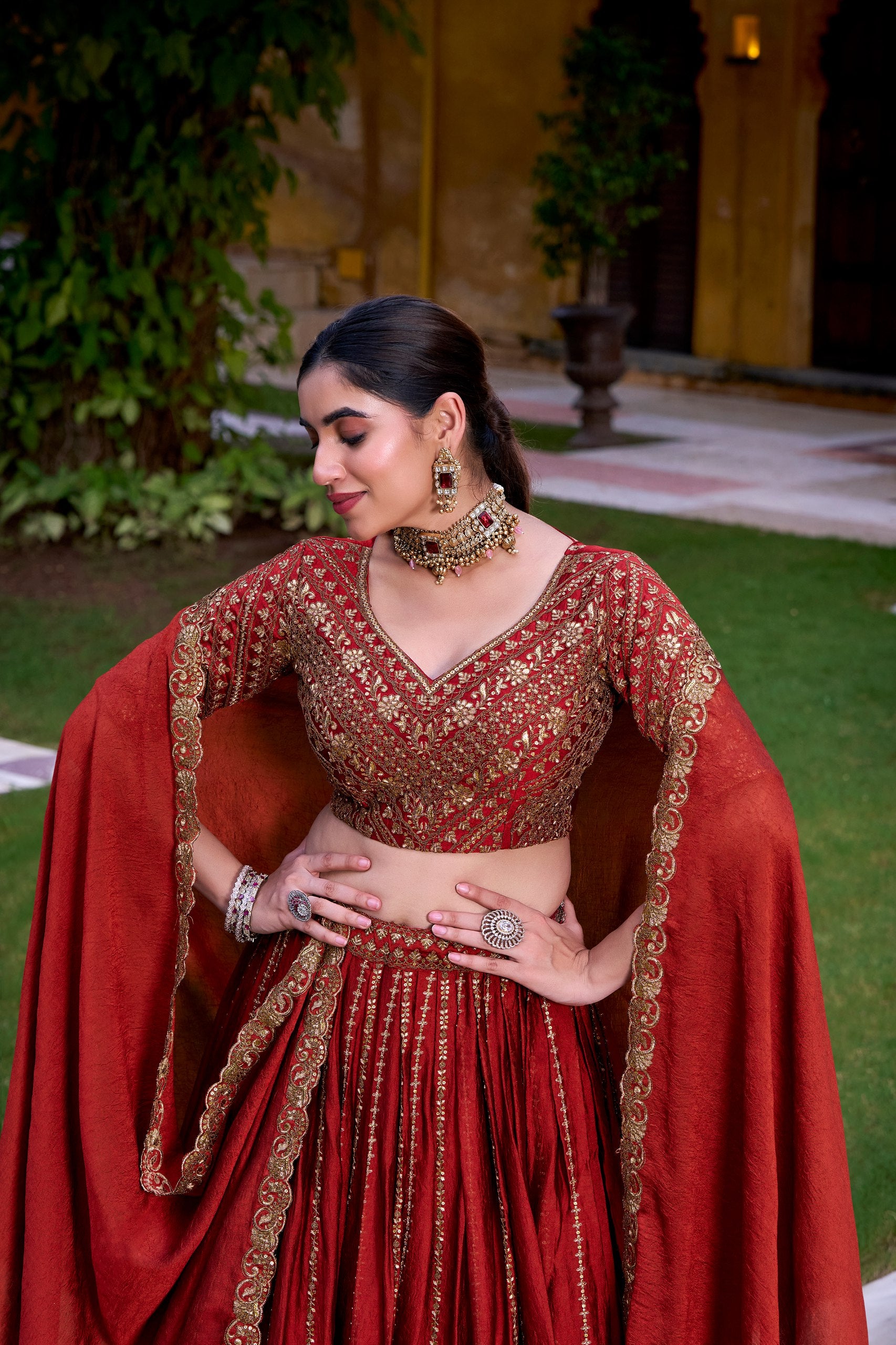 Rust Orange Sequins And Thread Embroidery Work Lehenga Choli