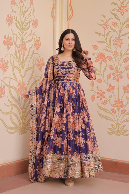 Purple Color Russian Silk Rich Digital Print With Embroidered Sequins Work Gown