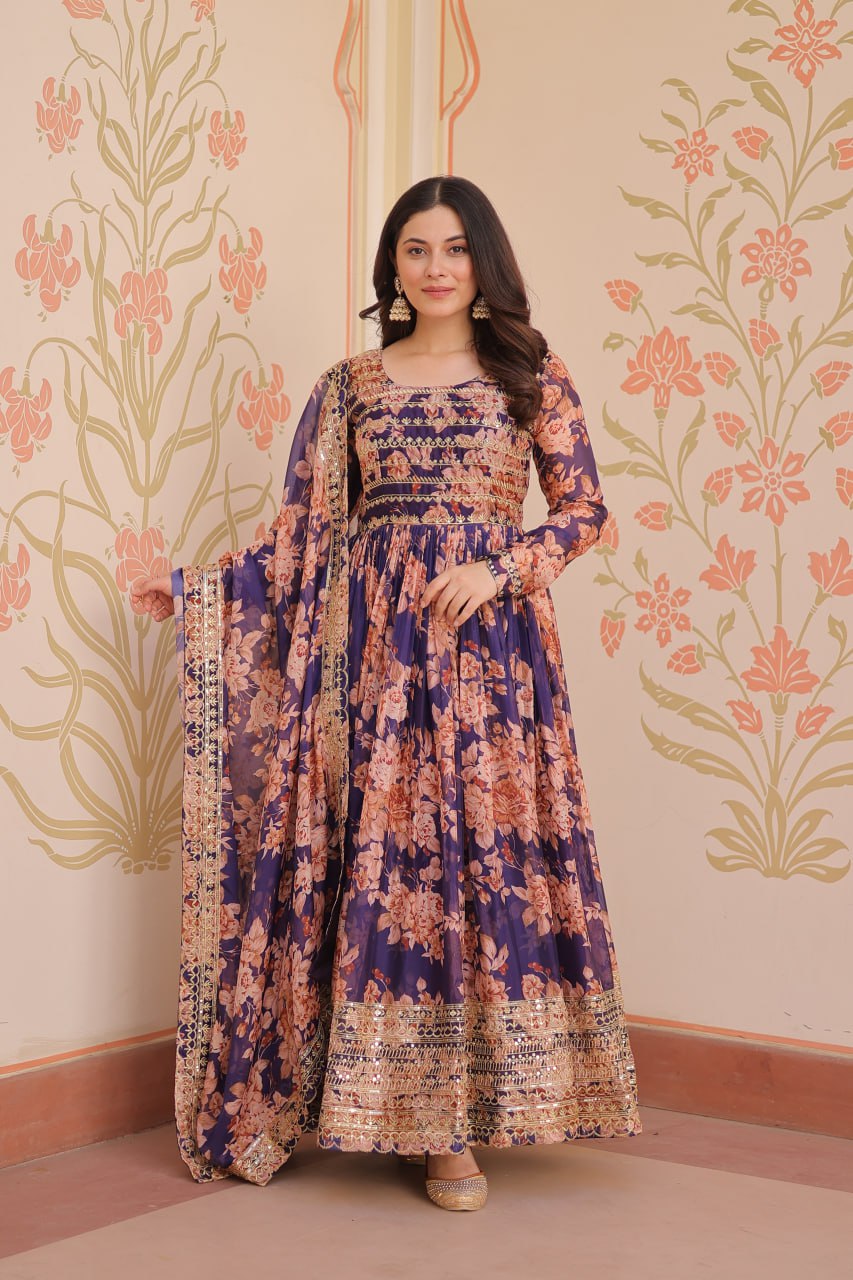 Purple Color Russian Silk Rich Digital Print With Embroidered Sequins Work Gown