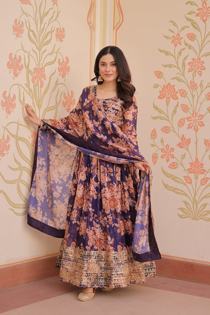 Purple Color Russian Silk Rich Digital Print With Embroidered Sequins Work Gown