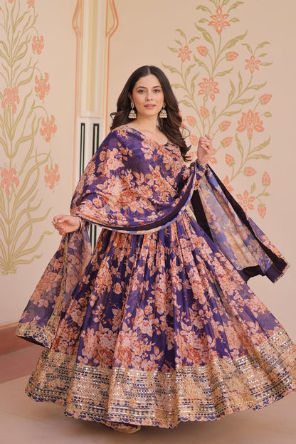 Purple Color Russian Silk Rich Digital Print With Embroidered Sequins Work Gown