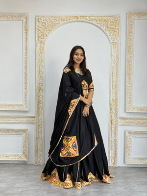 Black mirror work Navratri lehenga choli with dupatta for dandiya
