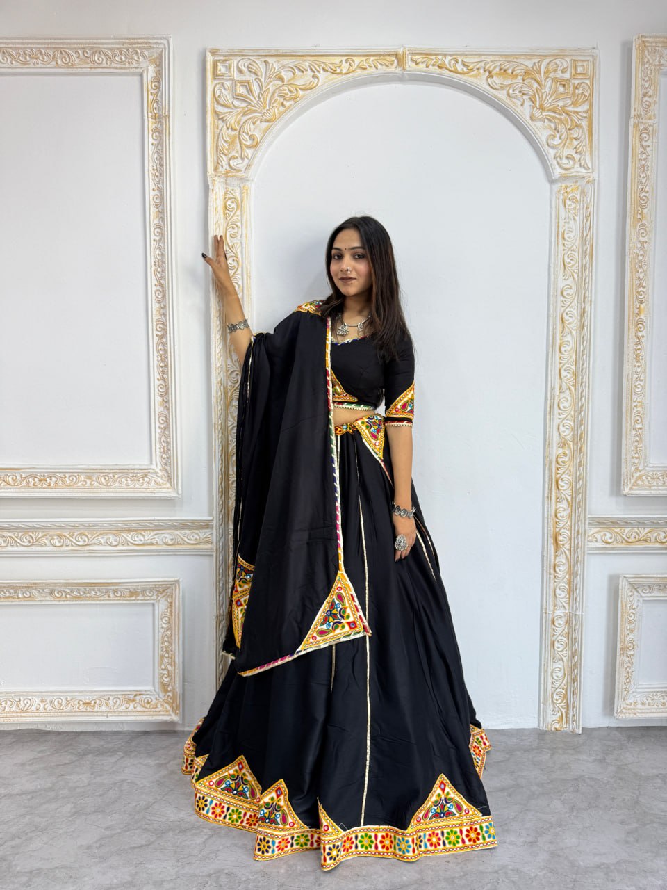 Garba chaniya choli black with traditional mirror work border and dupatta
