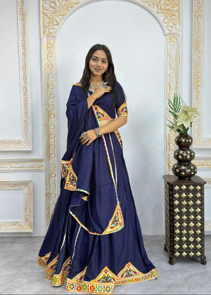 Navy blue heavy rayon cotton Navratri chaniya choli with multicolour mirror and patch work border
