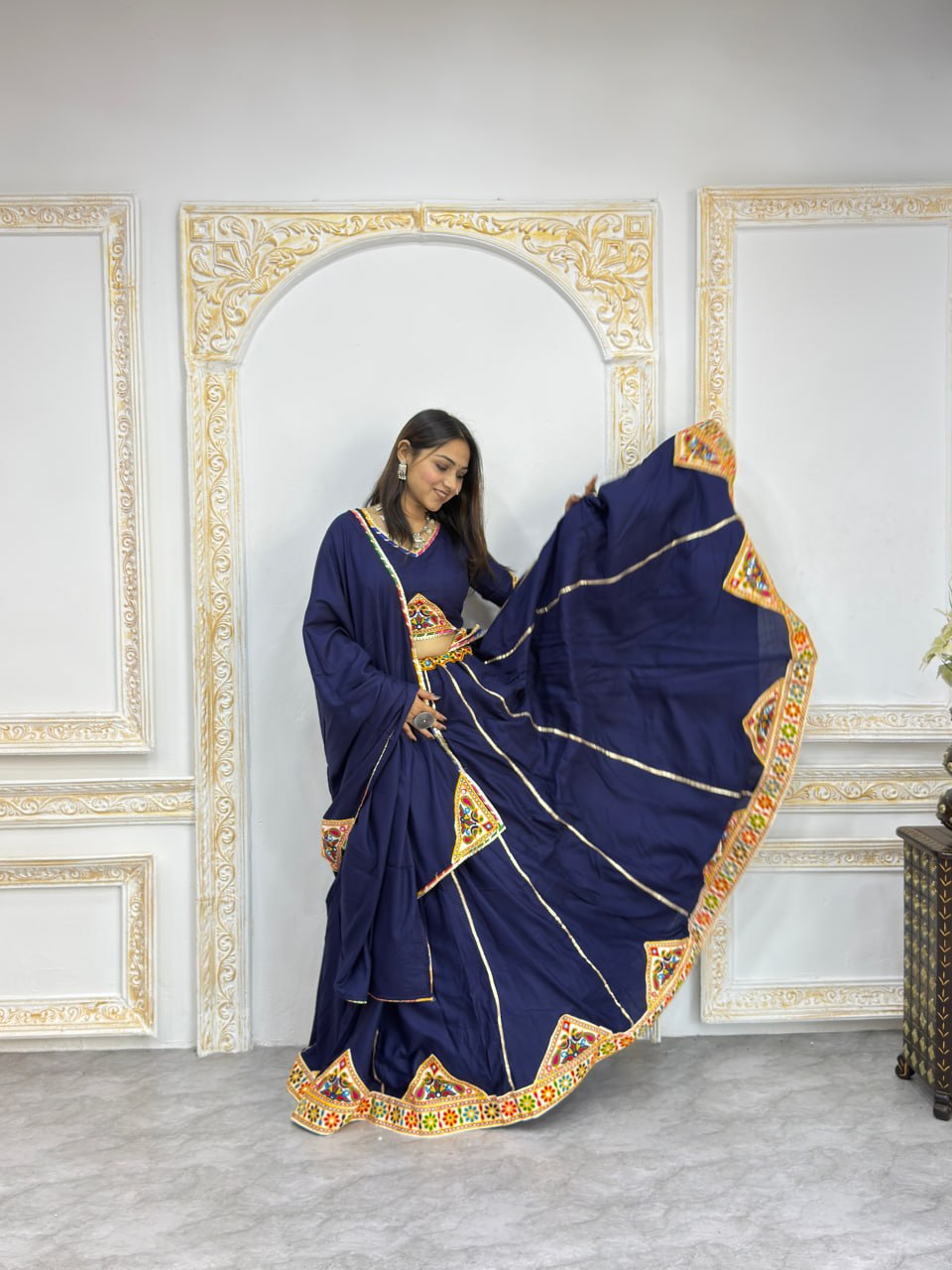 Navratri lehenga navy blue with multicolour patch work and embroidered dupatta
