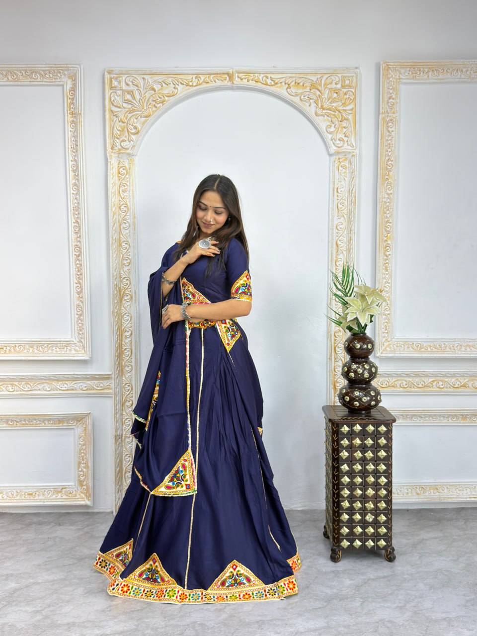Traditional Gujarati Navratri chaniya choli navy blue with mirror work for garba
