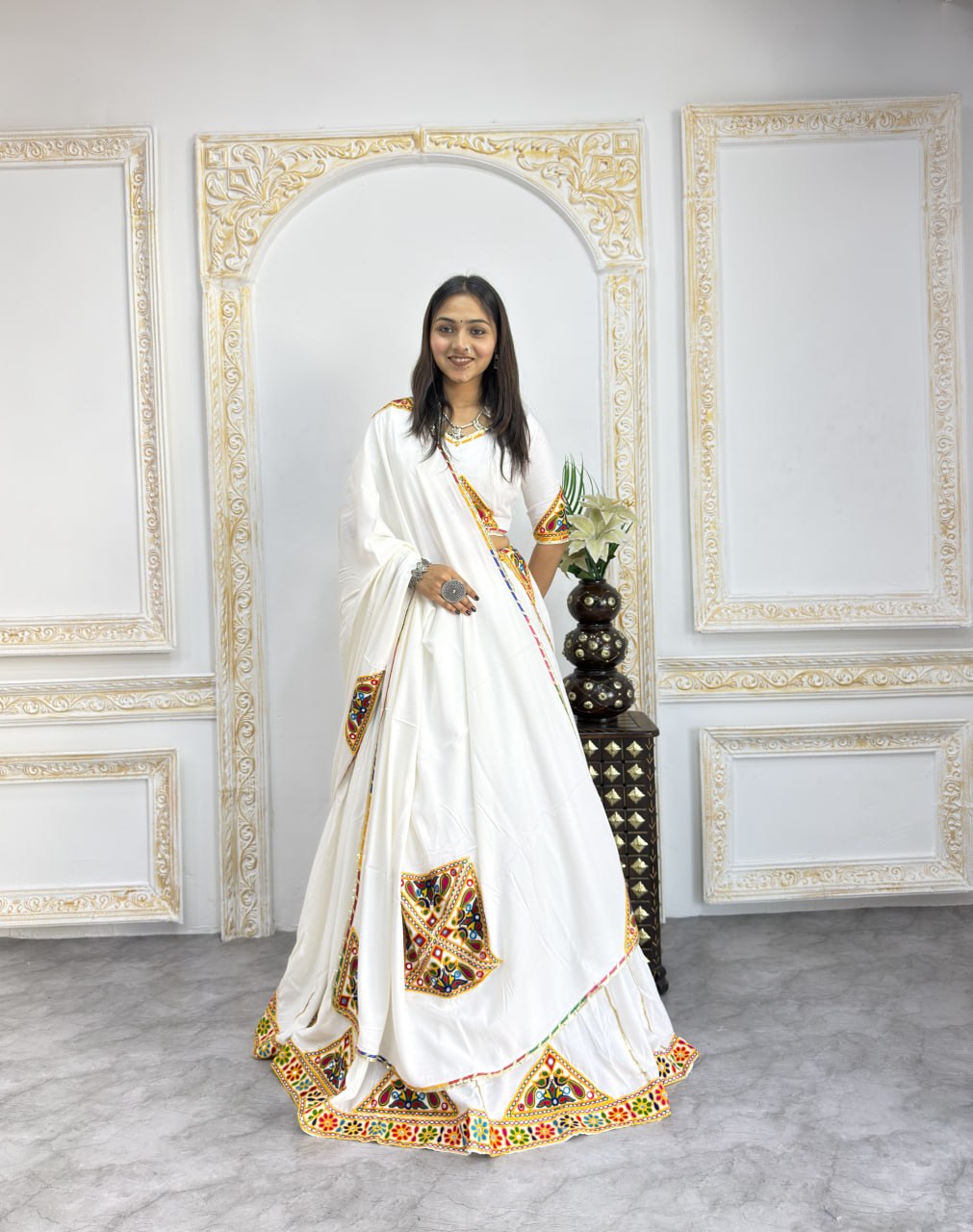 White mirror work Navratri lehenga choli with dupatta for dandiya

