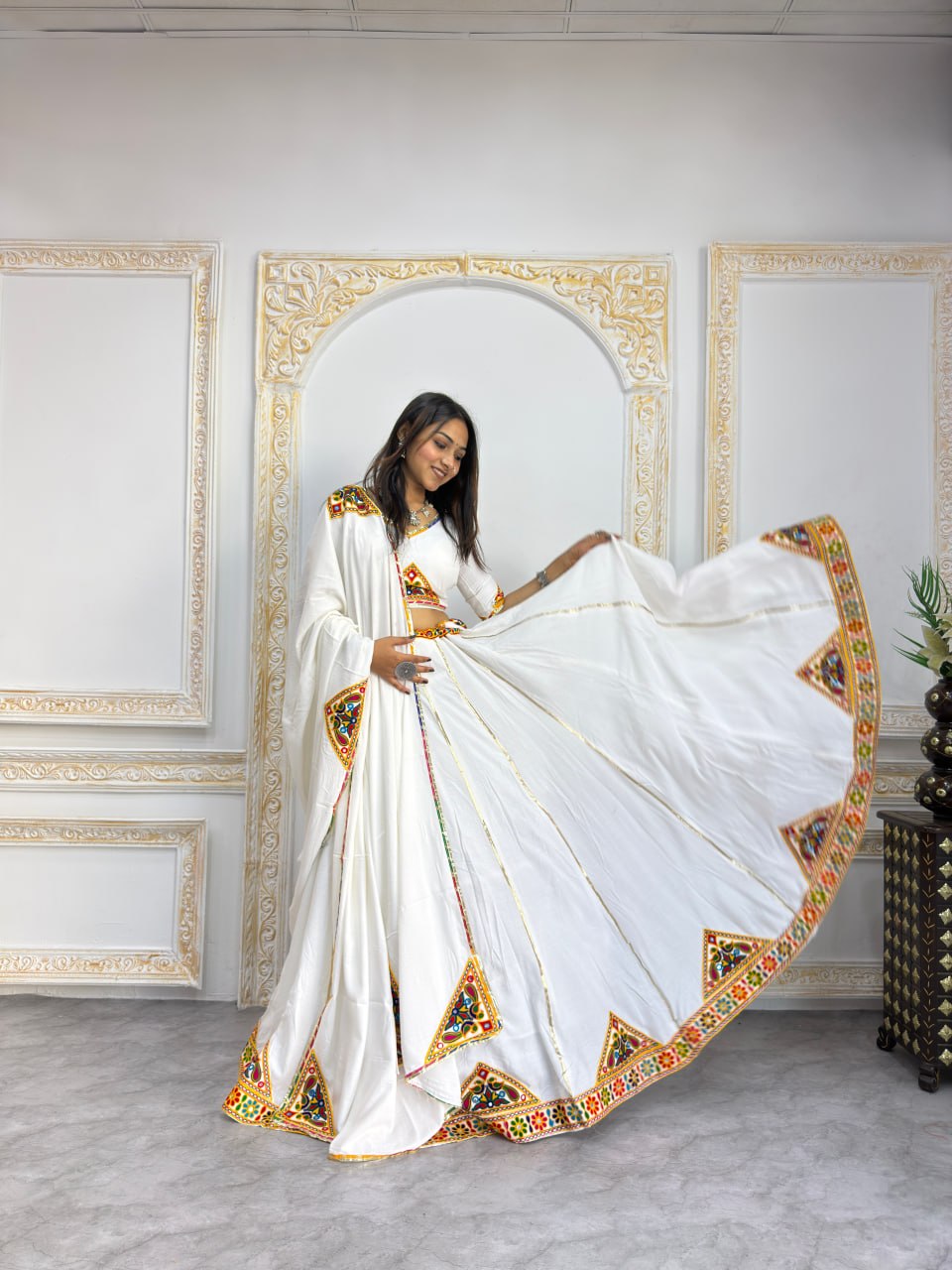 Traditional Gujarati Navratri chaniya choli white with mirror work for garba
