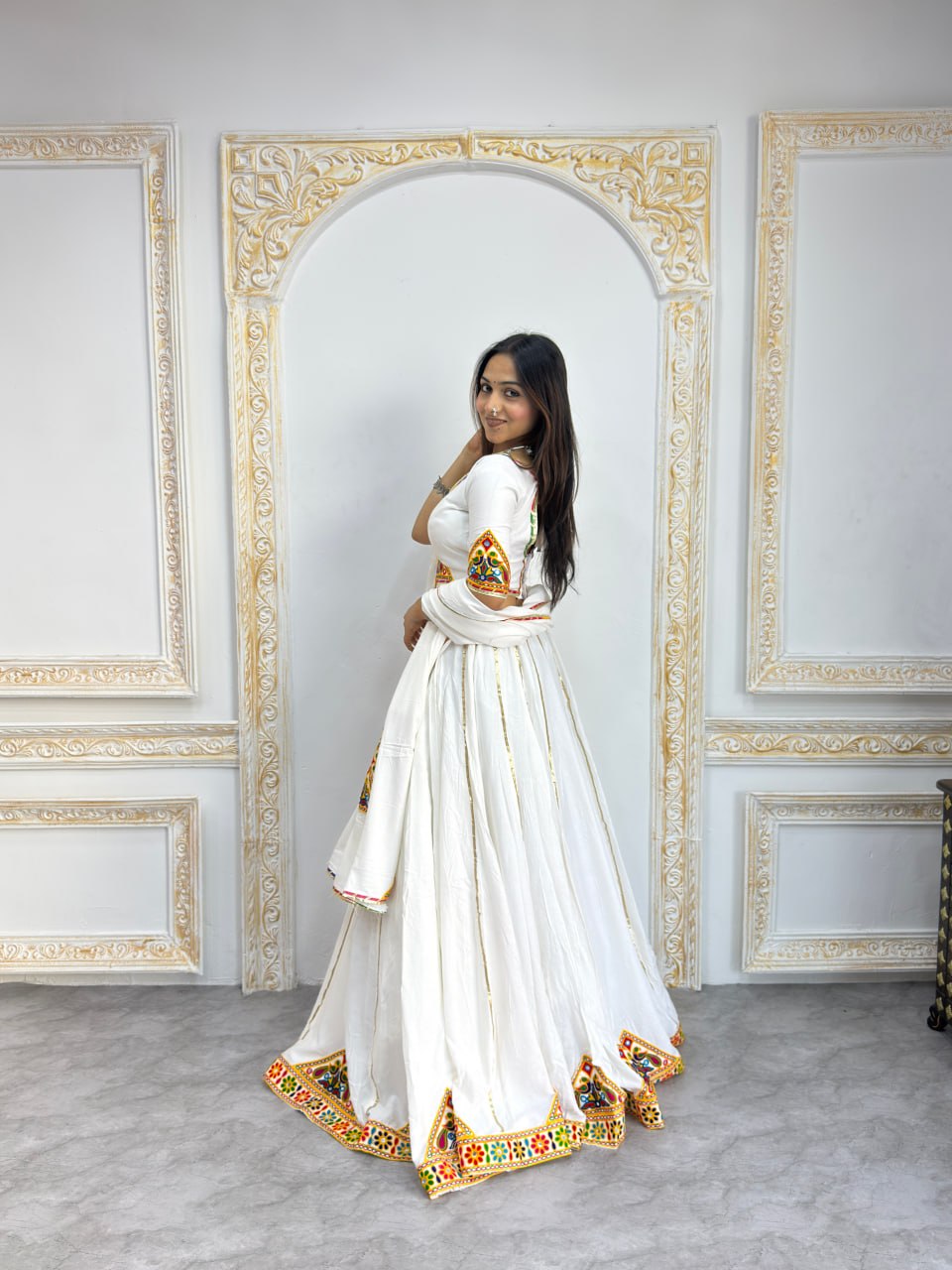Navratri lehenga white with multicolour patch work and embroidered dupatta
