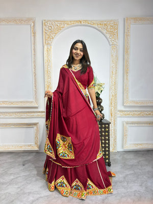Maroon heavy rayon cotton Navratri chaniya choli with multicolour mirror and patch work border
